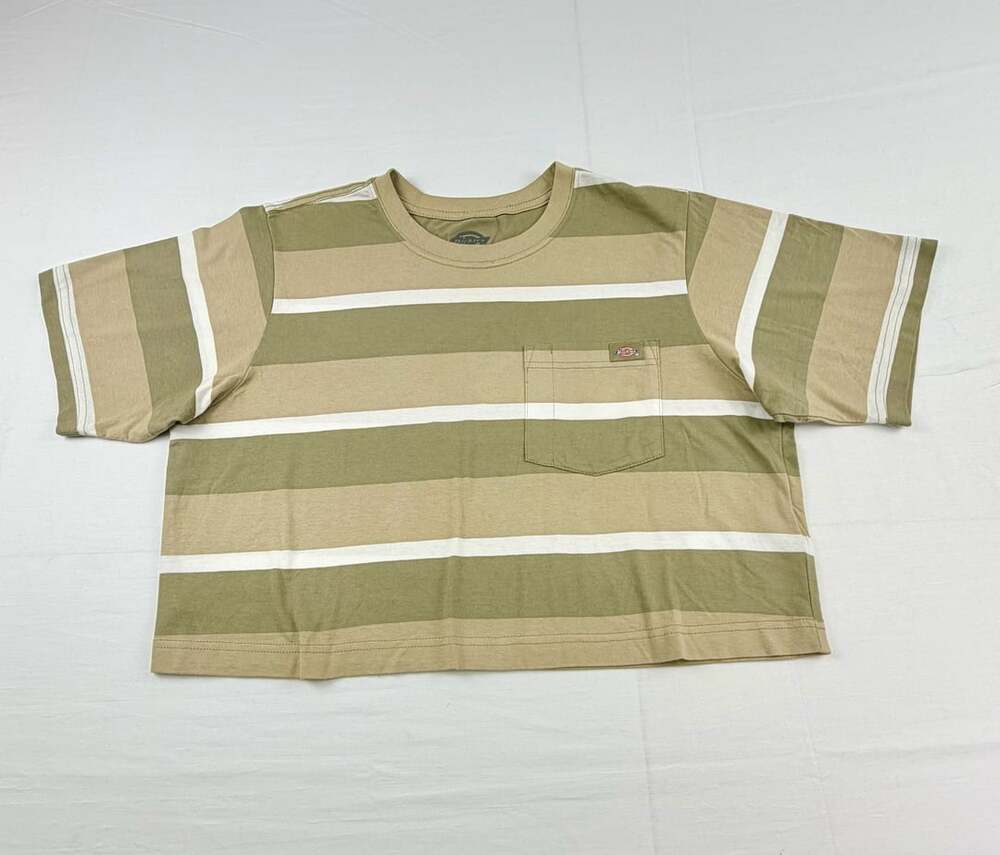 Dickies Women’s Cropped Striped Pocket T-Shirt Olive Tan White Tee Large